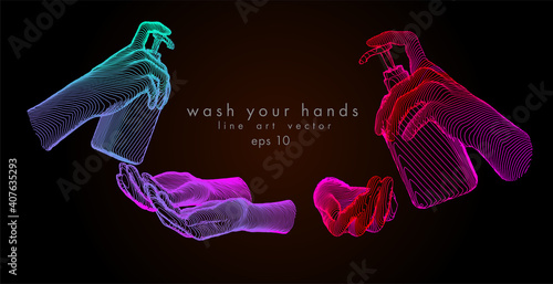 Washing hands with alcohol gel or antibacterial soap sanitizer. Hands holding a bottle. Concept antivirus vector line illustration on dark background.