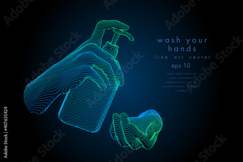 Washing hands with alcohol gel or antibacterial soap sanitizer. Hands holding a bottle. Concept antivirus vector line illustration on dark background.