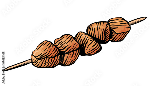 Kebab, shashlik, meat on a wooden skewer. Hand drawn vector illustration in engraving style