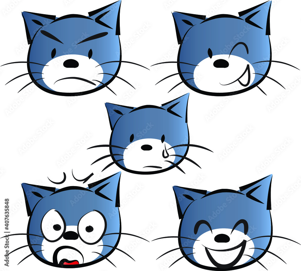 Fototapeta premium vector drawing blue cat face emoji set