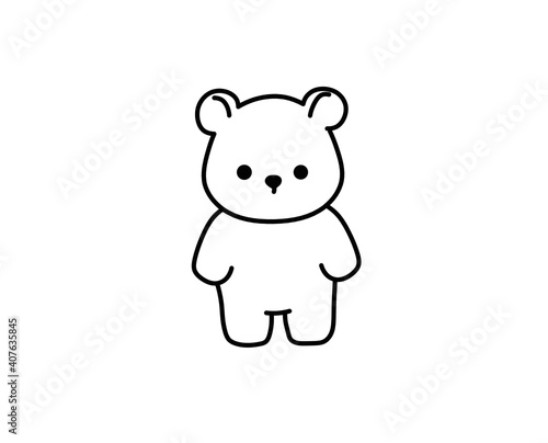 Vector isolated cute cartoon contour teddy bear toy. Colorless black and white line simple tiny bear doodle.