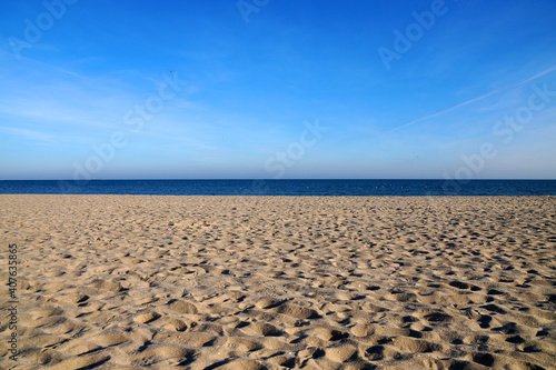 empty sandy beach  sea and clear sky  landscape for background