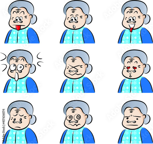 vector drawing grandma with mask emoji set