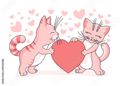 Romantic illustration with pink cats and love hearts on a white background.