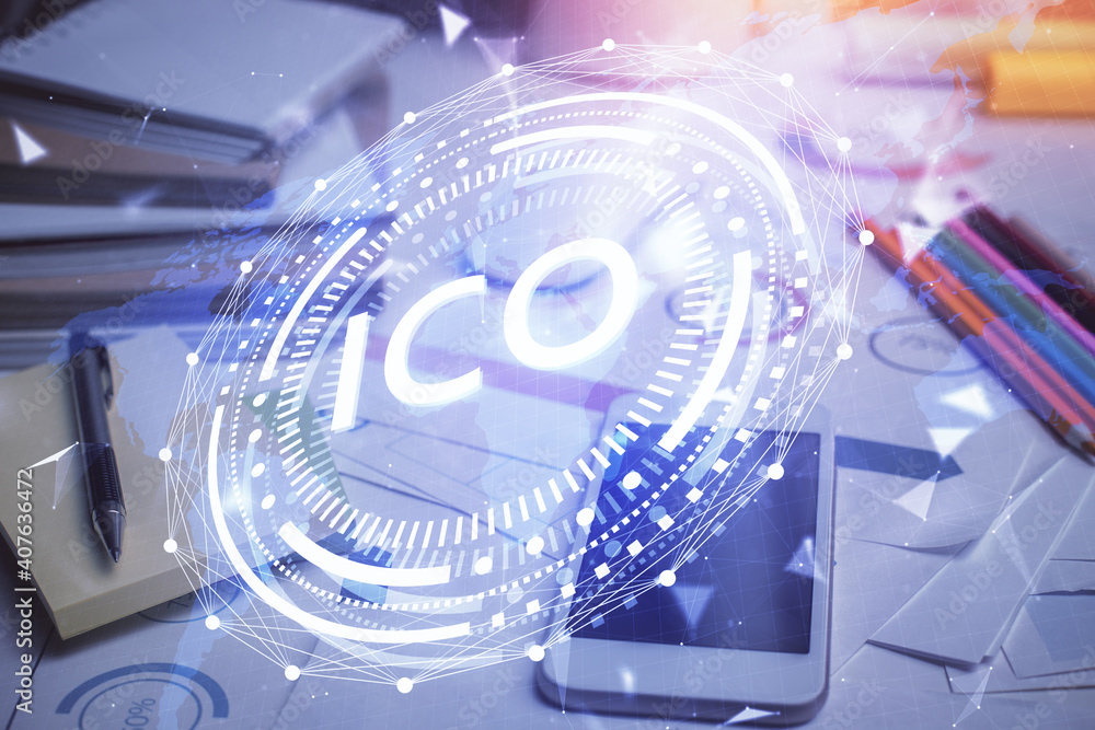 Double exposure of blockchain theme drawing and cell phone background. Concept of cryptomarket Double exposure of blockchain theme drawing and cell phone background. Concept of cryptomarket