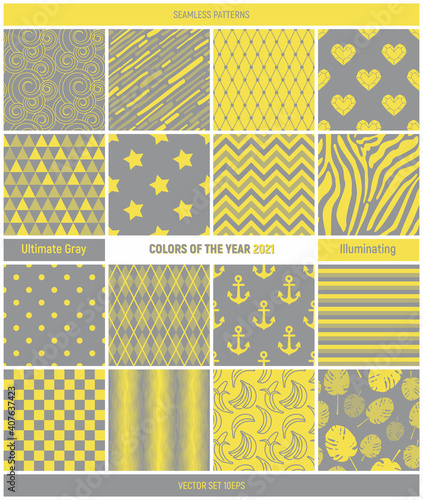 Ultimate Gray and Illuminating - colors of the year 2021. Pantone 17-5104 and 13-0647. Vector seamless patterns set. Abstract backgrounds collection.