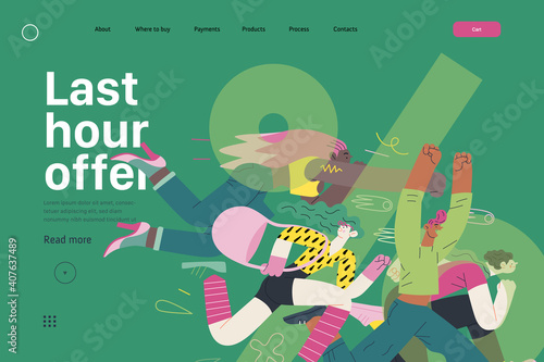 Discounts, sale, promotion, web template - modern flat vector concept illustration of people crowd running in the pursuit of the discounts, with a big percent sign on the background. Last hour offer