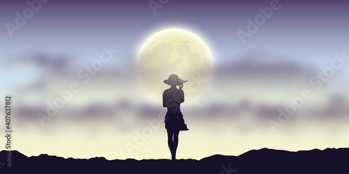 young girl at full moon and cloudy sky landscape vector illustration EPS10