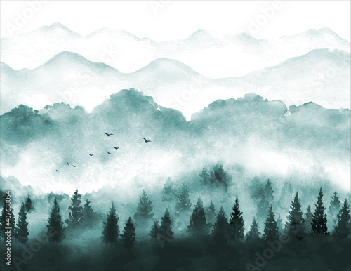 Landscape with misty green forest trees. Traditional oriental ink painting sumi-e, u-sin, go-hua
