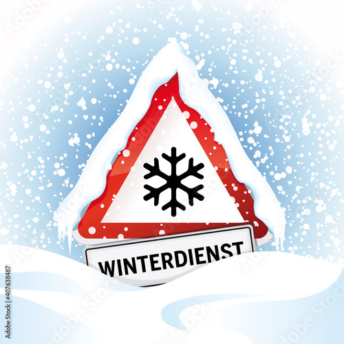 verschneites Schild Winterdienst mit Schneewehe