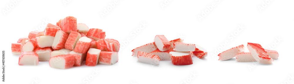 Set of fresh crab sticks on white background. Banner design Set of fresh crab sticks on white background. Banner design