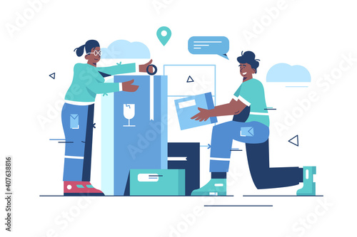 Process of product packaging vector illustration. People working at production line flat style concept. Man and woman packing boxes. Delivery idea. Isolated on white