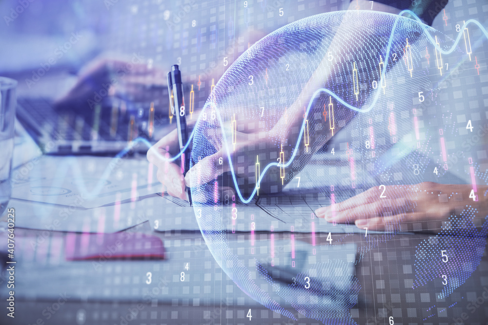 Multi exposure of woman hands typing on computer and financial chart hologram drawing. Stock market analysis concept. Multi exposure of woman hands typing on computer and financial chart hologram drawing. Stock market analysis concept.