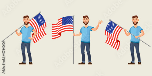 Man holding american flag in different poses. Male character in cartoon style.