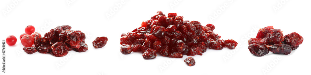 Collage with dried cranberries on white background, banner design Collage with dried cranberries on white background, banner design