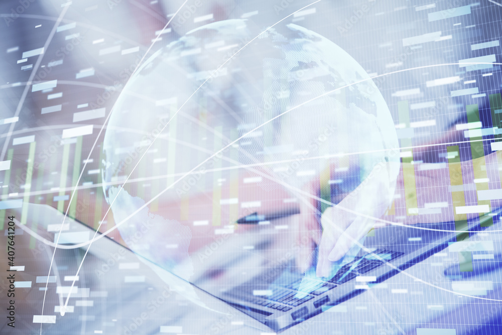 Double exposure of woman hands typing on computer and business theme hologram drawing. Success concept. Double exposure of woman hands typing on computer and business theme hologram drawing. Success concept.