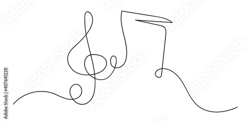 Music, continuous line, Vector line drawing. Print design. Note, treble clef