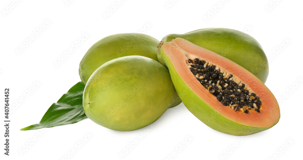 custom made wallpaper toronto digitalFresh ripe papaya fruits with green leaf on white background