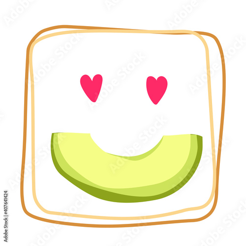 Avocado toast in love. Vector flat illustration. In love, emodji, fun, print design. Vegan food 
