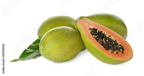 Wallpaper Mural Fresh ripe papaya fruits with green leaf on white background Torontodigital.ca