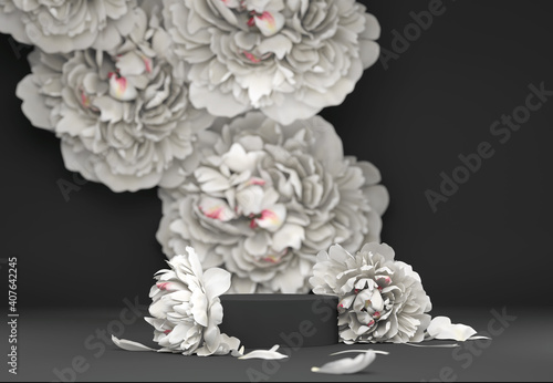 3D black display podium with white flower background. Falling petals Peony blossom. Nature minimal pedestal for beauty, cosmetic product presentation. Feminine advertisement, copy space  3d render