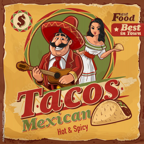 aged sign with taco and mexican man and woman