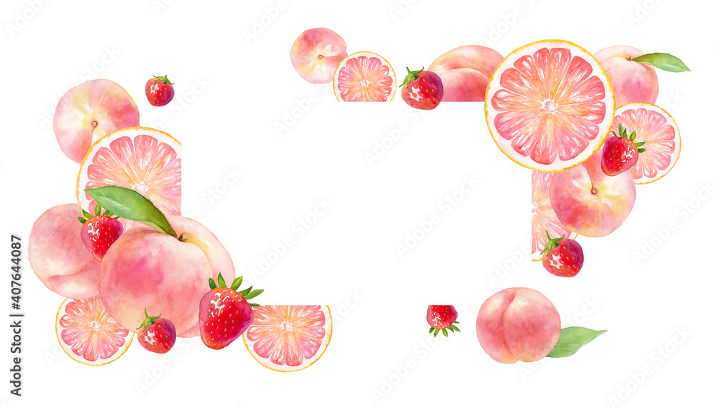 フレッシュなピンクのフルーツで構成したフレームデザイン 桃 イチゴ グレープフルーツの水彩イラスト Stock Illustration Adobe Stock