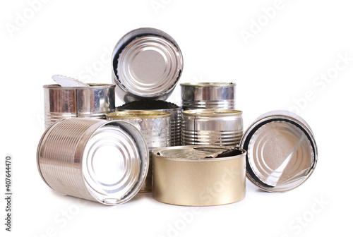 Heap of old empty cans on a white background. Isolated objects