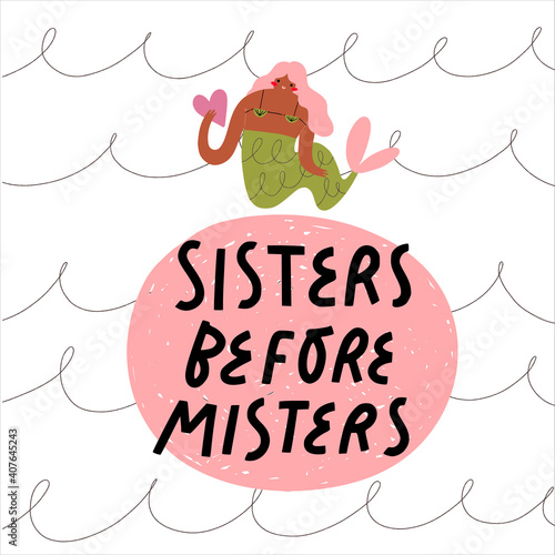 Vector hand drawn illustration. Mermaid with a glass, hand lettering quote wine and gossip are best with you. Greeting card concept Galentine's day