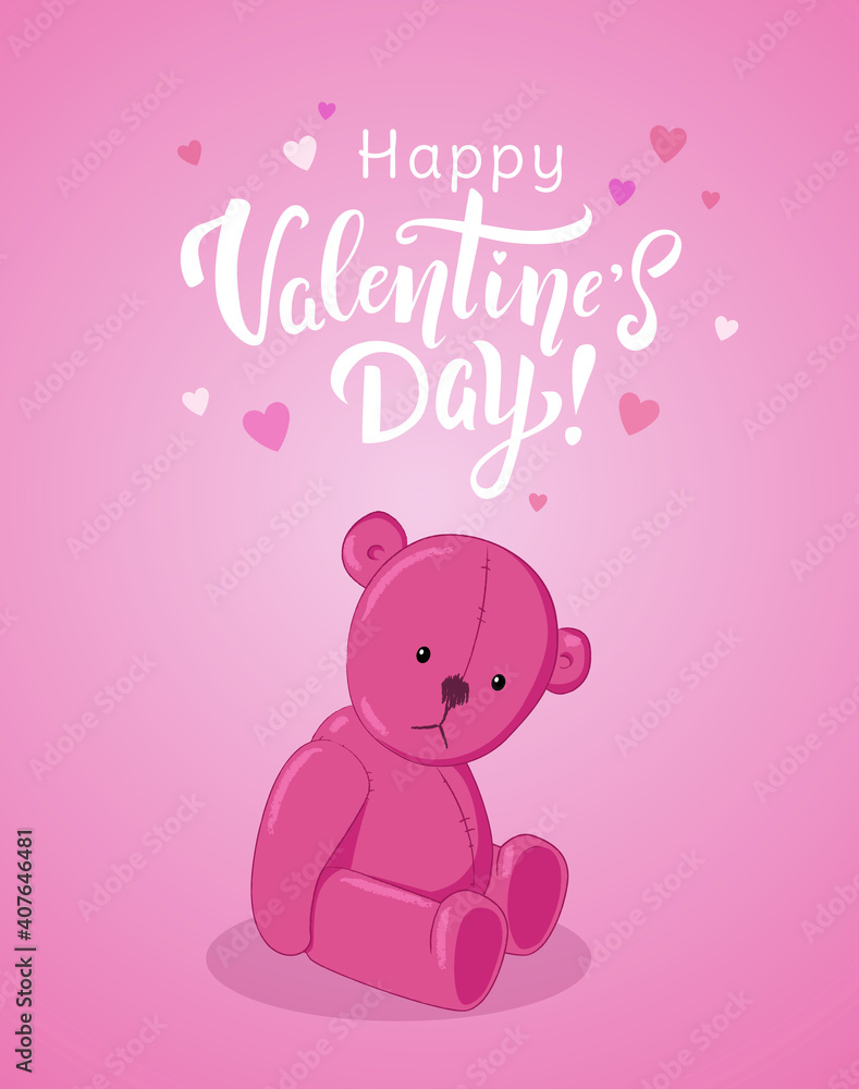Happy Valentine's day card with hand drawn lettering with pink Teddy bear and small hearts on pink background. - vector Happy Valentine's day card with hand drawn lettering with pink Teddy bear and small hearts on pink background. - vector