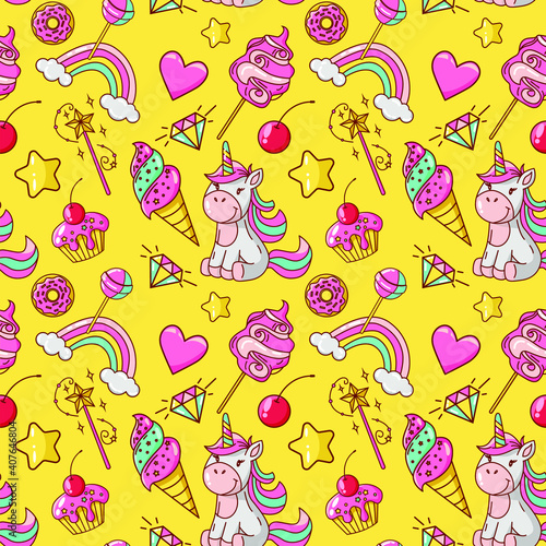 Unicorn seamless yellow pattern. Ice cream  donut  lollipop  cotton candy  magic wand  cupcake  diamond  rainbow  stars  heart. Great for wallpaper  gift paper  fabric  wrapping paper  surface design