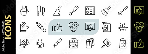 KITCHEN ICON Cooking process, Kitchen tools, Icon set, thin line vector has a blender, oven, knife, grater, barbecue, apron, barbecue, grill, coffee machine, kitchen glove, Editable stroke