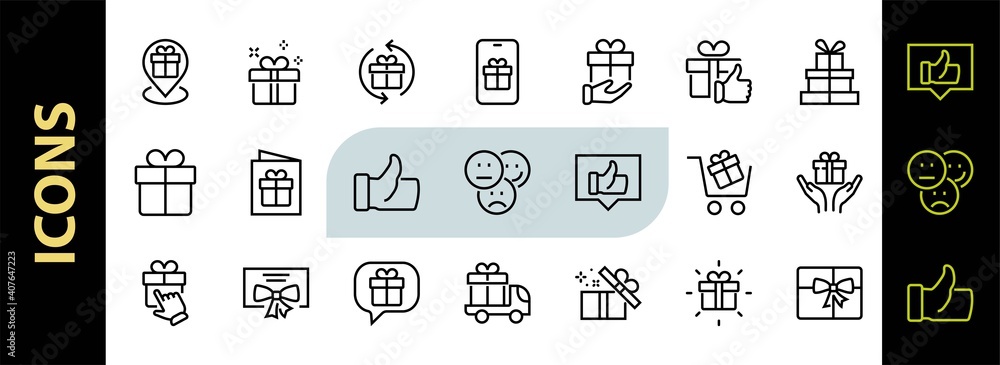 Gifts Linear Icons Set contains Gift Box, Gift Buying, Gift Delivery, Gift Geolocation mobile application, Gift notification, SMS. Editable Barcode, Vectar Icons