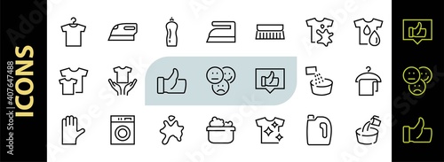 Simple set of washing related vector line Icons. Contains icons such as washing machine, powder, laundry, dirty t-shirt and much more. On a white background, editable stroke. 48x48 pixels perfect