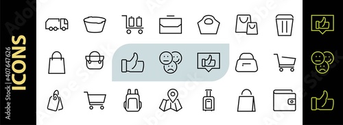 Simple set of bags, shopping and travel icons. Vector illustration Contains icons such as Card, wallet, shopping basket, discount, bowl, package. On a white background, editable stroke