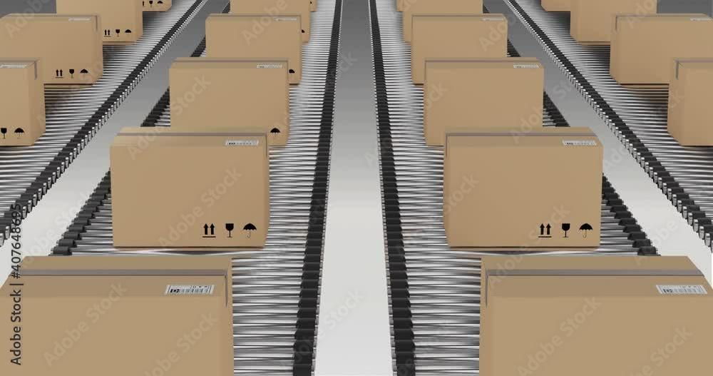 Rows of cardboard packing boxes moving on conveyor belts Rows of cardboard packing boxes moving on conveyor belts