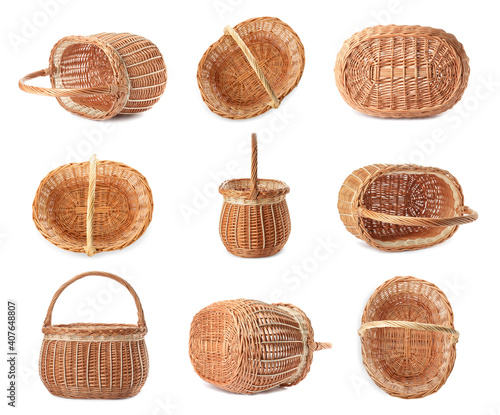 Set with empty wicker baskets on white background