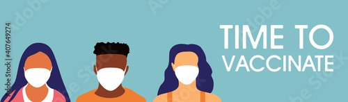 People in a medical mask. Time to vaccinate. Coronavirus epidemic concept. Vector illustration.Banner for social networks, blogs, news. Stock vector EPS 10