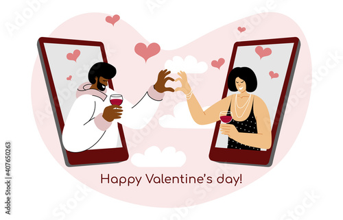 A concept of St. Valentine’s day online date. A Vector illustration of an interethnic couple connecting via smartphone mobile app. An internet dating application. Long distance romantic relationship.