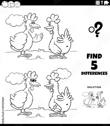 differences game with two hens or chickens coloring book page