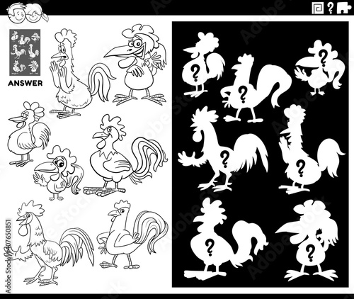 matching shapes game with roosters coloring book page