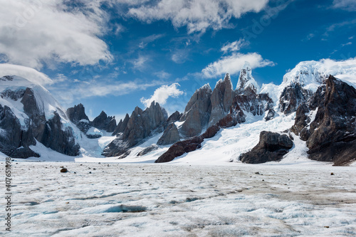 Majestic Cerro Torre mountain taken from place known as Circo de los Altares (Circuit of the Altars), Los Glaciares National Park (AG)