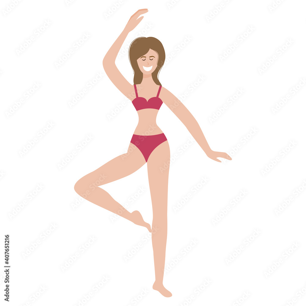 A happy slender girl dancing and playing sports is isolated on a white background. Love your body, your body. Vector illustration. A woman in underwear, a swimsuit, smiling A happy slender girl dancing and playing sports is isolated on a white background. Love your body, your body. Vector illustration. A woman in underwear, a swimsuit, smiling