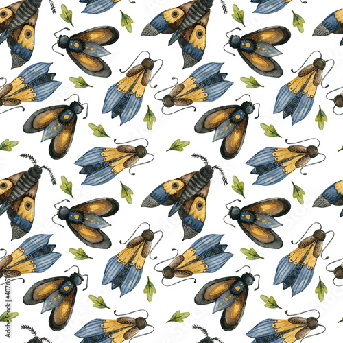 Watercolor seamless pattern with butterfly and ladybird. Hand painted insect ornament isolated on white background. Illustration for design, print or fabric.