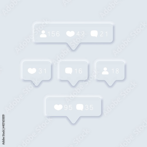 Like counter icon. Notification counter badge. Social media set notifications icons: like, follower, comment. Neumorphism icons Vector illustration. EPS10