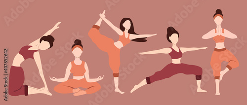 vector hand drawn illustration. five girls in different poses doing yoga. women do stretching. trending flat illustrations for websites, magazines and apps