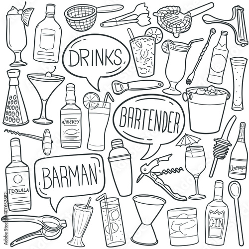 Bartender Cocktail doodle icon set. Drinks Vector illustration collection. Bar Work Mixer Hand drawn Line art style.