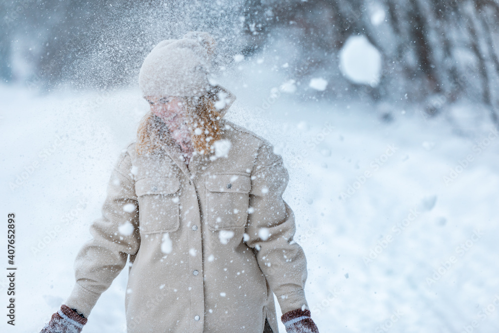 Happy girl playing with snow outdoor Happy girl playing with snow outdoor