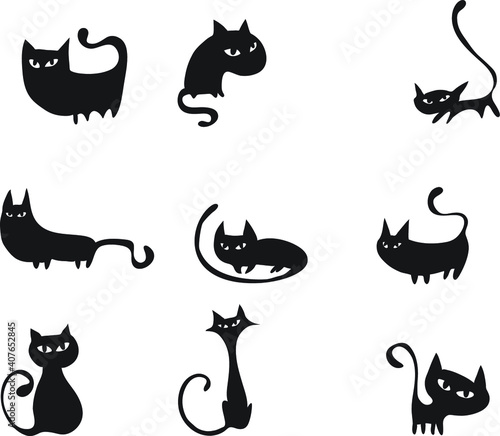 vector drawing black cat symbol design set