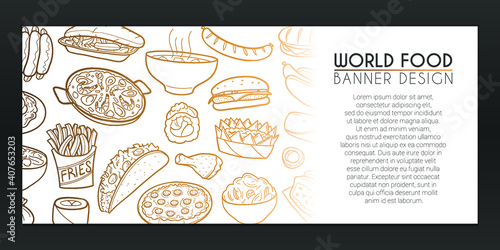 Famous Food Doodles Banner. International Recipes Background Hand drawn. Restaurant Icons illustration. Vector Horizontal Design.